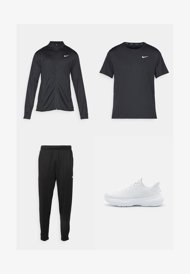 Must värvi sportlik jakk pikkade varrukatega, krae ja täispikk tõmblukk. Ülemises vasakus rinnas on diskreetne valge Nike logo. Sile tekstuur.; Mustamust Nike'i jooksupaita, mis on valmistatud kergest ja hingavast materjalist, lühikeste varrukatega ja mille rinnal on väike valge logo.; Mustad mustekad athletic-püksid sujuvast kangast, elastse vöökoha, kitsenevate jalgade ja väikese valge logoga vasakul küljel.; Valge spordijalanõu, millel on tekstuuriga pealmine osa, ümar varvas ja pehme tald. Omab toonilisi aktsente ja sisedetailide kinnitamist seotud nööriga.