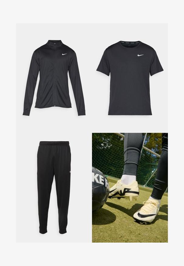 Black athletic jacket with long sleeves, collar, and full zipper. Features a subtle Nike logo in white on the upper left chest. Smooth texture.; Black Nike running T-shirt made of lightweight, breathable material, featuring short sleeves and a small white logo on the chest.; Black athletic pants made of smooth fabric, featuring an elastic waistband, tapered legs, and a small white logo on the left side.; Nike soccer cleats in cream with black accents, textured upper, prominent logo, and conical studs. Black soccer ball nearby on grass surface.