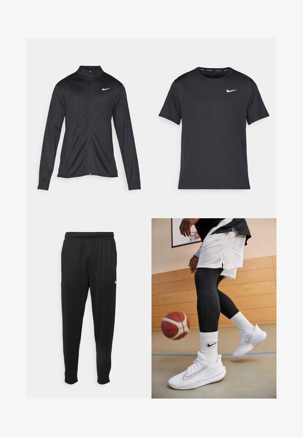 Czarna sportowa kurtka z długimi rękawami, kołnierzem i pełnym zamkiem. Posiada subtelne logo Nike w białym kolorze na lewej górnej części klatki piersiowej. Gładka tekstura.; Czarna koszulka do biegania Nike z lekkiego, oddychającego materiału, z krótkimi rękawami i małym białym logo na piersi.; Czarne sportowe spodnie wykonane z gładkiego materiału, z elastycznym pasem, zwężanymi nogawkami i małym białym logo po lewej stronie.; Nike Performance PRECISION 7 biały