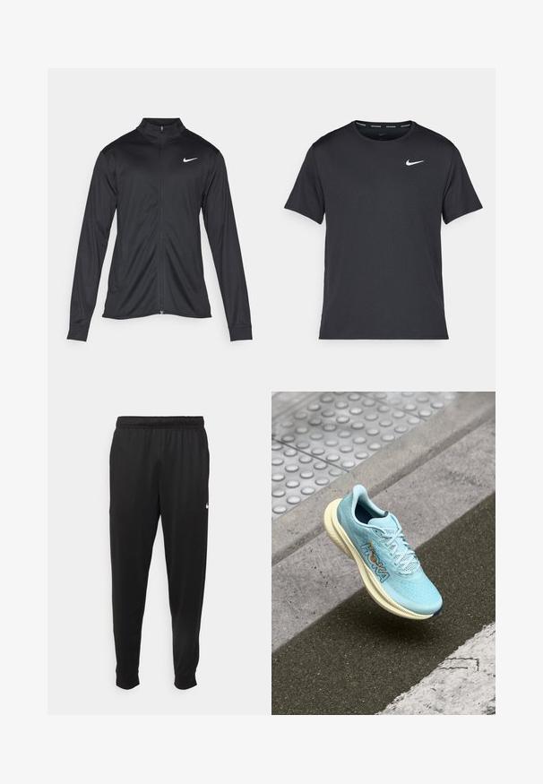 Črna atletska jakna z dolgimi rokavi, ovratnikom in polnim zadrgo. Vključuje diskreten bel Nike logotip na zgornjem levem delu prsnega koša. Gladka tekstura.; Črna tekaška majica Nike, izdelana iz lahkega in zračnega materiala, z kratkimi rokavi in majhnim belim logotipom na prsih.; Črne športne hlače iz gladkega materiala, z elastičnim pasom, zoženimi hlačnicami in majhnim belim logotipom na levi strani.; Svetloplave tekaške čevlje z zračnim mrežnim zgornjim delom, oblazinjeno kremo srednje delom in oranžnim logotipom na strani. Oblika zaobljenega prsta.