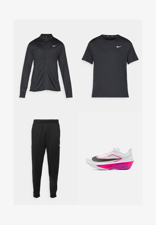 Black athletic jacket with long sleeves, collar, and full zipper. Features a subtle Nike logo in white on the upper left chest. Smooth texture.; Black Nike running T-shirt made of lightweight, breathable material, featuring short sleeves and a small white logo on the chest.; Black athletic pants made of smooth fabric, featuring an elastic waistband, tapered legs, and a small white logo on the left side.; Nike Performance ZOOM FLY 6 - Road running shoes - white/black/vivid grape/hyper pink/hydrangeas/dark raisin
