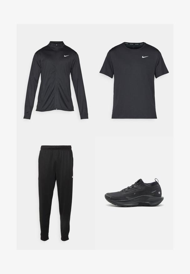 Fekete sportdzseki hosszú ujjal, gallérral és teljes cipzárral. Diszkrét fehér Nike logóval az upper bal mellen. Sima textúra.; Fekete Nike futó póló, könnyű, légáteresztő anyagból készült, rövid ujjú, és a mellkasán egy kicsi fehér logó található.; Fekete sportos nadrág sima anyagból, rugalmas derékkal, szűkülő lábakkal és egy kis fehér logóval a bal oldalon.; Fekete sportcipő, texturált hálós felsőrésszel, beépített fűzős megoldással és párnázott talppal. Finom márkázással és sarokfogó húzóval rendelkezik.