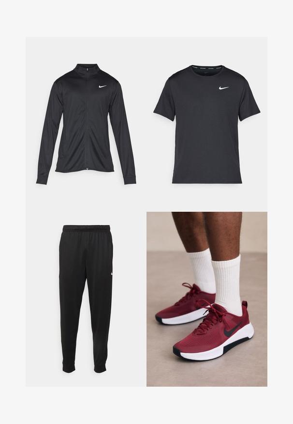 Sort atletisk jakke med lange ærmer, krave og fuld lynlås. Har et diskret Nike-logo i hvidt på den øverste venstre side af brystet. Glat tekstur.; Sort Nike løbe T-shirt lavet af let, åndbart materiale, med korte ærmer og et lille hvidt logo på brystet.; Sorte atletiske bukser lavet af glat stof, med elastisk talje, smalnende ben og et lille hvidt logo på venstre side.; Røde teksturerede sneakers med en sort Nike swoosh, hvid sål og sorte detaljer, parret med hvide ribbede sokker.