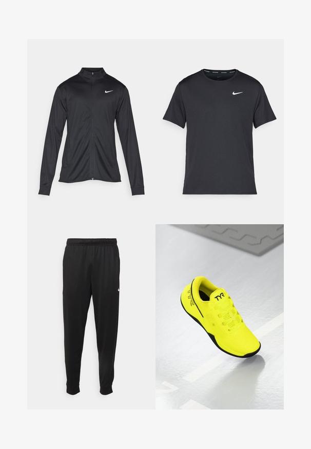 Musta urheilutakki pitkillä hihoilla, kauluksella ja kokonaisella vetoketjulla. Täydentää hienovarainen Nike-logo valkoisena vasemmassa ylärinnassa. Litteä pinta.; Musta Nike juoksupaita, joka on valmistettu kevyestä ja hengittävästä materiaalista. Paidassa on lyhyet hihnat ja pieni valkoinen logo rinnassa.; Mustat urheiluhousut, jotka on valmistettu sileästä kankaasta. Niissä on joustava vyötärö, kapenevat lahkeet ja pieni valkoinen logo vasemmalla puolella.; Kirkkaankeltainen urheilushoe, jossa on verkkopäällinen, musta pohja ja TYR-logo sivulla. Ominaisuutena kevyt rakenne ja nauhaliitos.
