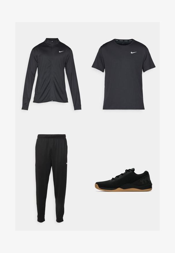 Black athletic jacket with long sleeves, collar, and full zipper. Features a subtle Nike logo in white on the upper left chest. Smooth texture.; Black Nike running T-shirt made of lightweight, breathable material, featuring short sleeves and a small white logo on the chest.; Black athletic pants made of smooth fabric, featuring an elastic waistband, tapered legs, and a small white logo on the left side.; Black athletic shoes with a textured mesh upper, lace-up design, and a rubber gum sole. Features subtle branding in blue on the heel.