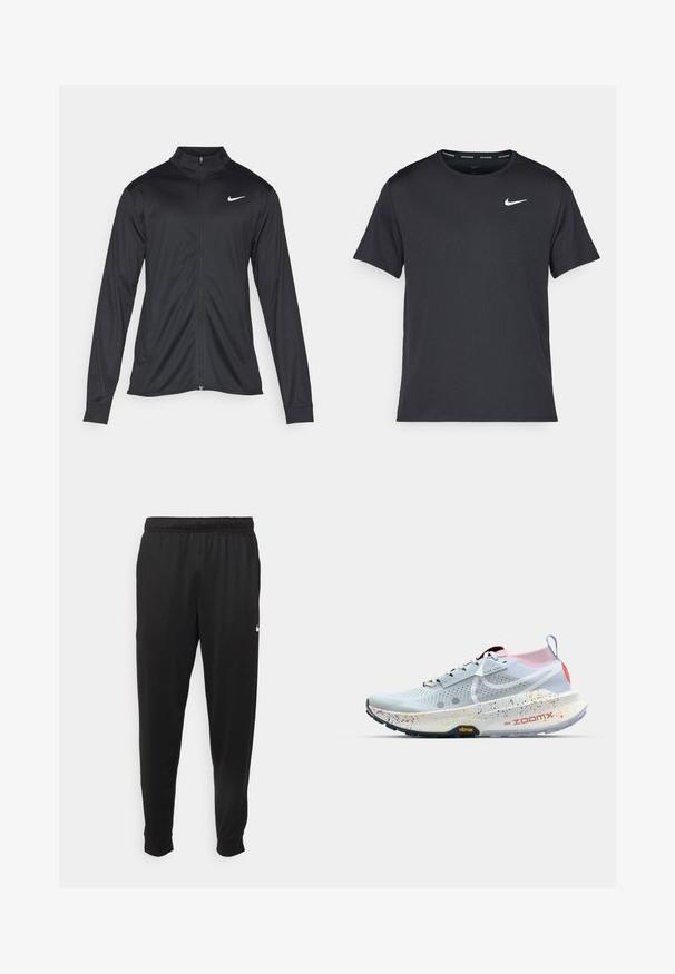 Must värvi sportlik jakk pikkade varrukatega, krae ja täispikk tõmblukk. Ülemises vasakus rinnas on diskreetne valge Nike logo. Sile tekstuur.; Mustamust Nike'i jooksupaita, mis on valmistatud kergest ja hingavast materjalist, lühikeste varrukatega ja mille rinnal on väike valge logo.; Mustad mustekad athletic-püksid sujuvast kangast, elastse vöökoha, kitsenevate jalgade ja väikese valge logoga vasakul küljel.; Nike ZoomX jooksujalats helesinisena roosa ja punase kandaga. Omab perforeritud ülemist osa, täppidega vahetald ja musta Vibrami välistald.