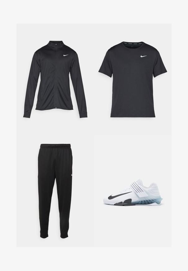 Svart idrettsjakke med lange ermer, krage og full glidelås. Har en subtil Nike-logo i hvitt på øvre venstre bryst. Glatt tekstur.; Svart Nike løpe-T-skjorte laget av lett, pustende stoff, med korte ermer og en liten hvit logo på brystet.; Svarte treningsbukser laget av glatt stoff, med elastisk midje, smale ben og en liten hvit logo på venstre side.; Hvit sportsko med svart Nike-skjær, mesh-overdel, tre svarte striper, og en gradient såle fra blå til klar. Har forsterkede aksenter.