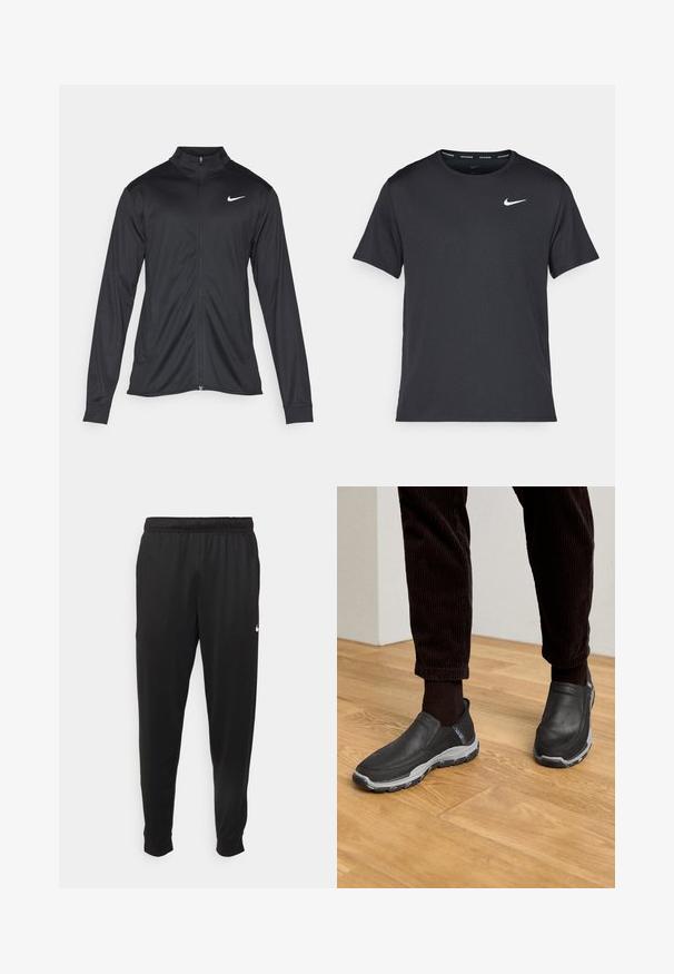 Svart idrettsjakke med lange ermer, krage og full glidelås. Har en subtil Nike-logo i hvitt på øvre venstre bryst. Glatt tekstur.; Svart Nike løpe-T-skjorte laget av lett, pustende stoff, med korte ermer og en liten hvit logo på brystet.; Svarte treningsbukser laget av glatt stoff, med elastisk midje, smale ben og en liten hvit logo på venstre side.; Sorte slip-on sko med teksturerte skinnøvre og grå gummisåle, plassert mot et tregulv og cordfløyelsbukser.