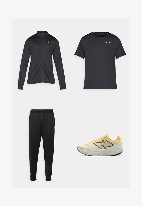 Jachetă sportivă neagră cu mâneci lungi, guler și fermoar complet. Prezintă un logo Nike subtil, alb, pe pieptul din stânga sus. Textură netedă.; Tricou de alergare Nike negru, fabricat dintr-un material ușor și respirabil, cu mâneci scurte și un mic logo alb pe piept.; Pantaloni sportivi negri dintr-o țesătură netedă, cu un elastic la brâu, picioare conice și un mic logo alb pe partea stângă.; Pantof de alergare ușor, în crem și galben, având un superior texturat, guler căptușit și o talpă conturată cu o talpă exterioară din cauciuc negru.