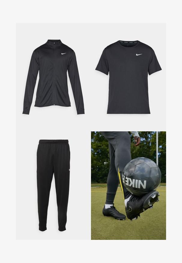 Melna sporta jaka ar garām piedurknēm, apkakli un pilnu rāvējslēdzēju. Uz kreisā krūts augšdaļas ir maigs Nike logo baltā krāsā. Gluda tekstūra.; Melna Nike skriešanas T-kreklā, kas izgatavots no viegla un elpojoša materiāla, ar īsām piedurknēm un mazu baltu logo uz krūtīm.; Melnas sporta bikses, kas izgatavotas no gludas auduma, ar elastīgu jostu, sašaurinošām kājām un mazu balto logo kreisajā pusē.; Melnas Nike futbola studijas uz zāles, atpūšoties uz melna futbola bumbas ar baltu uzrakstu. Pelēkas sporta bikses ar dzeltenām sānu svītrām.