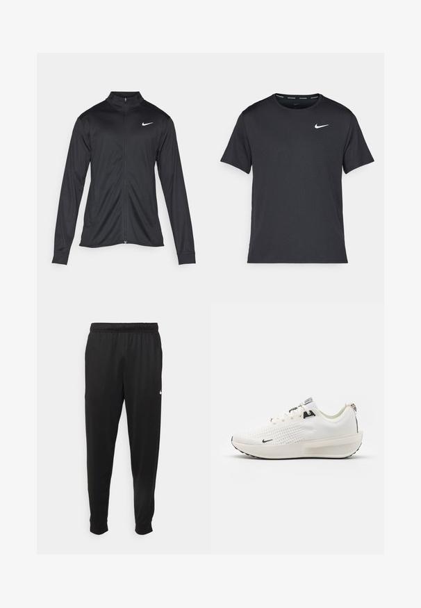 Veste de sport noire à manches longues, avec col et fermeture éclair intégrale. Présente un logo Nike subtil en blanc sur le côté supérieur gauche de la poitrine. Texture lisse.; T-shirt de course noir Nike en matériau léger et respirant, avec des manches courtes et un petit logo blanc sur la poitrine.; Pantalon de sport noir en tissu lisse, avec une taille élastique, des jambes fuselées et un petit logo blanc sur le côté gauche.; Nike Performance INTERACT RUN - Chaussures de running sur route - sail/black/white/platinum tint