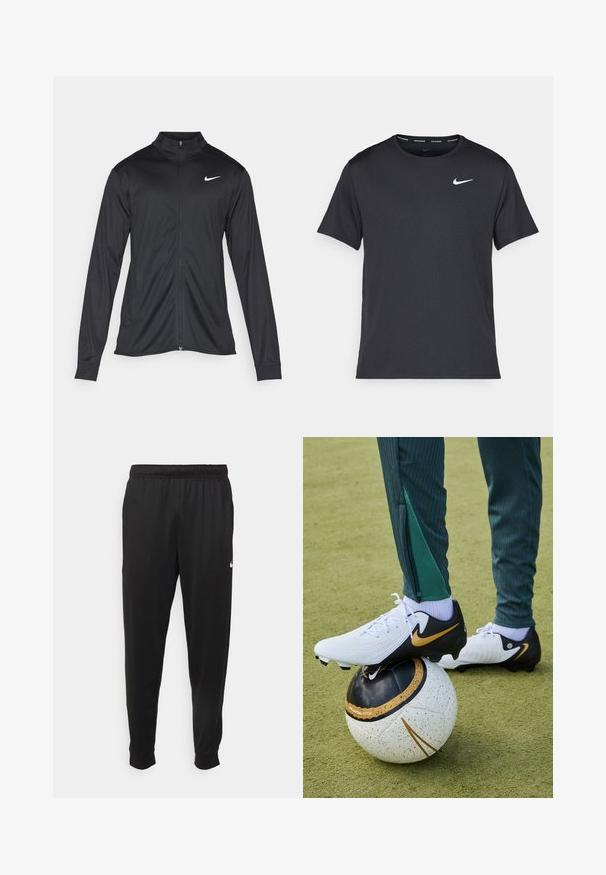 Must värvi sportlik jakk pikkade varrukatega, krae ja täispikk tõmblukk. Ülemises vasakus rinnas on diskreetne valge Nike logo. Sile tekstuur.; Mustamust Nike'i jooksupaita, mis on valmistatud kergest ja hingavast materjalist, lühikeste varrukatega ja mille rinnal on väike valge logo.; Mustad mustekad athletic-püksid sujuvast kangast, elastse vöökoha, kitsenevate jalgade ja väikese valge logoga vasakul küljel.; Nike jalgpalliketsid, valged ja mustad, kuldse logoga, puhkavad musta ja valgega jalgpallil, millel on täpikujundused. Rohelised spordipüksid on nähtavad.