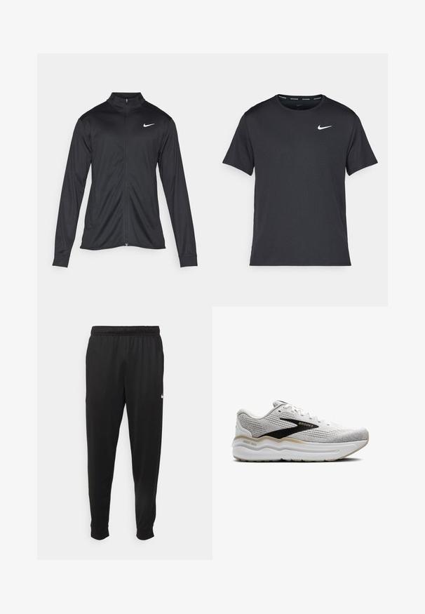 Black athletic jacket with long sleeves, collar, and full zipper. Features a subtle Nike logo in white on the upper left chest. Smooth texture.; Black Nike running T-shirt made of lightweight, breathable material, featuring short sleeves and a small white logo on the chest.; Black athletic pants made of smooth fabric, featuring an elastic waistband, tapered legs, and a small white logo on the left side.; White athletic shoes with gray accents, mesh upper, cushioned midsole, and black branding. Features a rounded toe and textured detailing.
