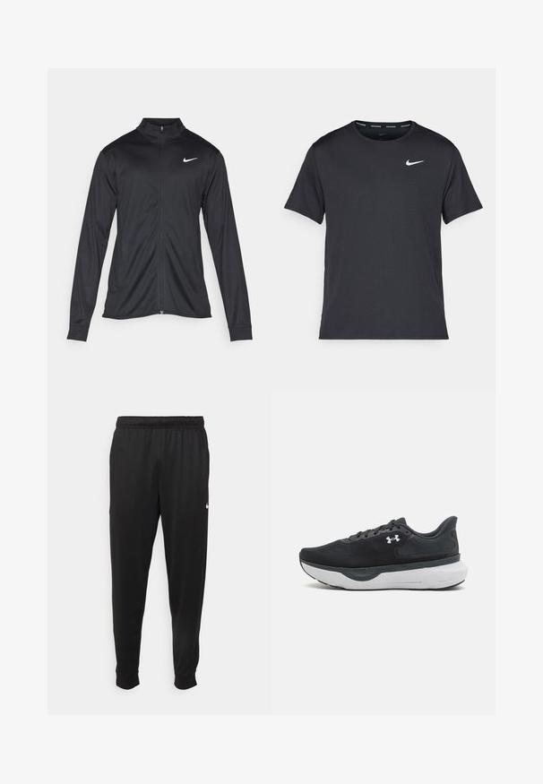 Jacket desportivo preto com mangas longas, colarinho e fecho zip completo. Apresenta um discreto logotipo da Nike em branco na parte superior do lado esquerdo do peito. Textura suave.; T-shirt de corrida Nike preto, feito de material leve e respirável, com mangas curtas e um pequeno logo branco no peito.; Calças de desporto pretas feitas de tecido suave, com uma cintura elástica, pernas ajustadas e um pequeno logo branco no lado esquerdo.; Sapatilha atlética preta com parte superior em malha texturizada, gola acolchoada e sola leve branca. Apresenta um logótipo na lateral e um sistema de atacadores.