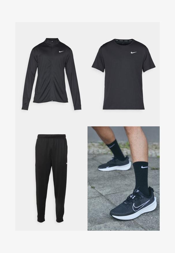 Zwarte sportjack met lange mouwen, kraag en volle rits. Voorzien van een subtiele Nike-logo in het wit op de bovenste linkerborst. Soepele textuur.; Zwarte Nike hardloop T-shirt gemaakt van lichtgewicht, ademend materiaal, met korte mouwen en een klein wit logo op de borst.; Zwarte sportbroek gemaakt van gladde stof, met een elastische tailleband, taps toelopende pijpen en een klein wit logo aan de linkerzijde.; Nike Performance INTERACT RUN - Trail hardloopschoenen - black/white/anthracite