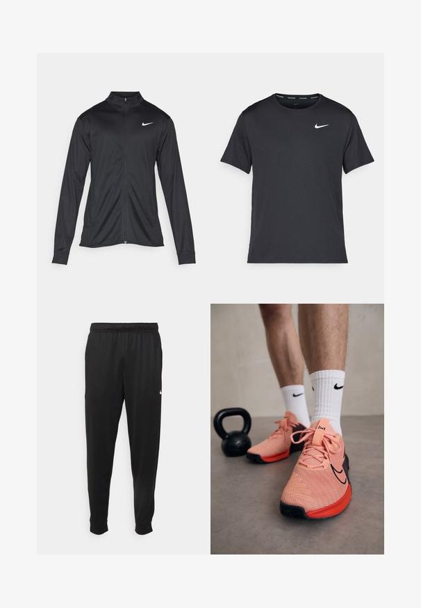 Jachetă sportivă neagră cu mâneci lungi, guler și fermoar complet. Prezintă un logo Nike subtil, alb, pe pieptul din stânga sus. Textură netedă.; Tricou de alergare Nike negru, fabricat dintr-un material ușor și respirabil, cu mâneci scurte și un mic logo alb pe piept.; Pantaloni sportivi negri dintr-o țesătură netedă, cu un elastic la brâu, picioare conice și un mic logo alb pe partea stângă.; Încălțăminte sport Nike din plasă roz cu accente negre. Prezintă șireturi groase, limbă căptușită și talpă texturată. Șosete albe cu logo. O kettlebell neagră în apropiere.