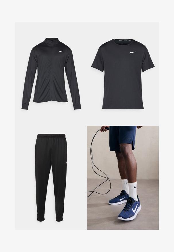 Černá sportovní bunda s dlouhými rukávy, límcem a plným zipem. Má decentní bílou logo značky Nike na horní levé části hrudi. Hladká textura.; Černé běžecké tričko Nike vyrobené z lehkého a prodyšného materiálu, s krátkými rukávy a malým bílým logem na hrudi.; Černé sportovní kalhoty vyrobené z hladké tkaniny, s elastickým pasem, zúženými nohavicemi a malým bílým logem na levé straně.; Nike Performance FLEX EXPERIENCE RUN 12 - Silniční běžecké boty - astronomy blue/white/black/hyper crimson