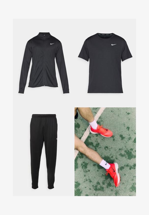 Black athletic jacket with long sleeves, collar, and full zipper. Features a subtle Nike logo in white on the upper left chest. Smooth texture.; Black Nike running T-shirt made of lightweight, breathable material, featuring short sleeves and a small white logo on the chest.; Black athletic pants made of smooth fabric, featuring an elastic waistband, tapered legs, and a small white logo on the left side.; Nike running shoes with a bright orange mesh upper and black swoosh, paired with white crew socks, on a textured green surface.