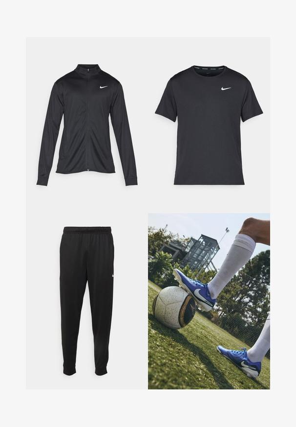 Svart idrettsjakke med lange ermer, krage og full glidelås. Har en subtil Nike-logo i hvitt på øvre venstre bryst. Glatt tekstur.; Svart Nike løpe-T-skjorte laget av lett, pustende stoff, med korte ermer og en liten hvit logo på brystet.; Svarte treningsbukser laget av glatt stoff, med elastisk midje, smale ben og en liten hvit logo på venstre side.; Nike fotballsko i blått, med teksturert syntetisk overdel og hvite detaljer, vinklet på et mønstret svart og hvitt fotball, på grønt gress.