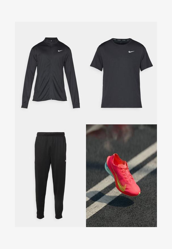 Schwarze Sportjacke mit langen Ärmeln, Kragen und voller Reißverschluss. Verfügt über ein dezentes Nike-Logo in Weiß auf der oberen linken Brust. Glatte Textur.; Schwarzes Nike Lauft-Shirt aus leichtem, atmungsaktivem Material, mit kurzen Ärmeln und einem kleinen weißen Logo auf der Brust.; Schwarze Sporthosen aus glattem Stoff, mit einem elastischen Bund, schmal zulaufenden Beinen und einem kleinen weißen Logo auf der linken Seite.; Helle pinke Laufschuhe mit einem strukturierten Obermaterial, gelben Akzenten und einer leichten Sohle, die beim Abprallen von einer dunklen Oberfläche leicht federnd wirken.