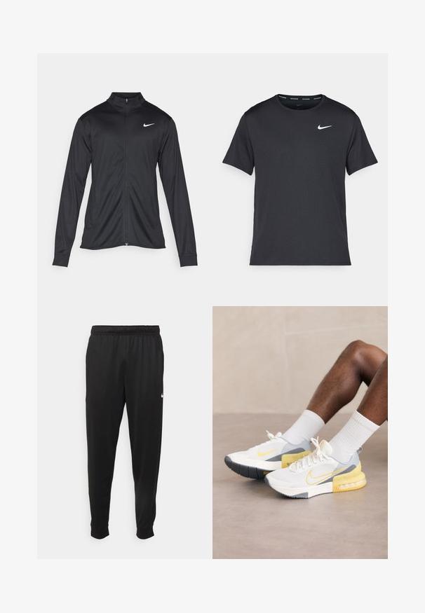 Veste de sport noire à manches longues, avec col et fermeture éclair intégrale. Présente un logo Nike subtil en blanc sur le côté supérieur gauche de la poitrine. Texture lisse.; T-shirt de course noir Nike en matériau léger et respirant, avec des manches courtes et un petit logo blanc sur la poitrine.; Pantalon de sport noir en tissu lisse, avec une taille élastique, des jambes fuselées et un petit logo blanc sur le côté gauche.; Baskets de sport blanches en mesh avec des accents gris et jaunes, présentant une semelle texturée et un logo swoosh distinctif de Nike.