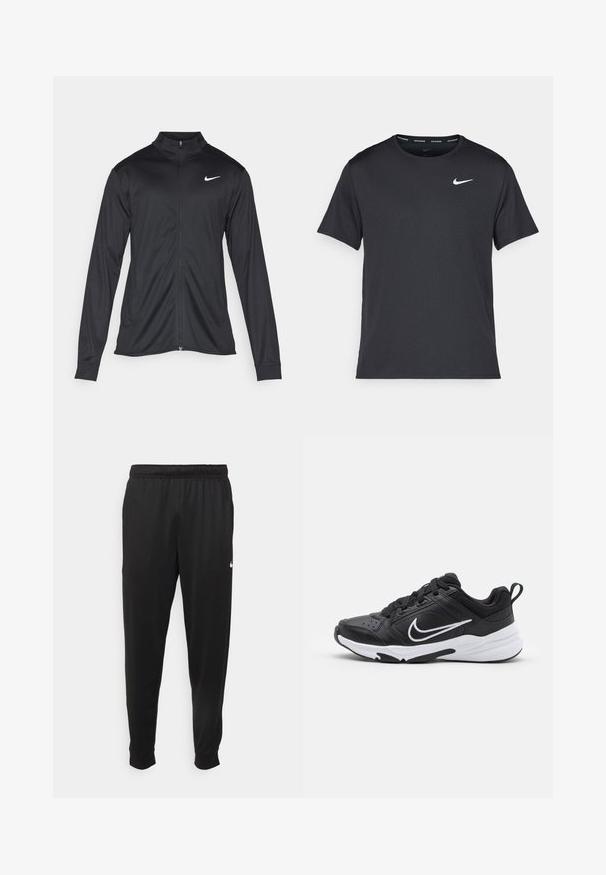Jachetă sportivă neagră cu mâneci lungi, guler și fermoar complet. Prezintă un logo Nike subtil, alb, pe pieptul din stânga sus. Textură netedă.; Tricou de alergare Nike negru, fabricat dintr-un material ușor și respirabil, cu mâneci scurte și un mic logo alb pe piept.; Pantaloni sportivi negri dintr-o țesătură netedă, cu un elastic la brâu, picioare conice și un mic logo alb pe partea stângă.; Pantofle atletice negre cu superior din piele și material textil, talpă intermediară albă, talpă exterioară neagră, guler căptușit, sistem de închidere cu șireturi și un accent alb cu logo.