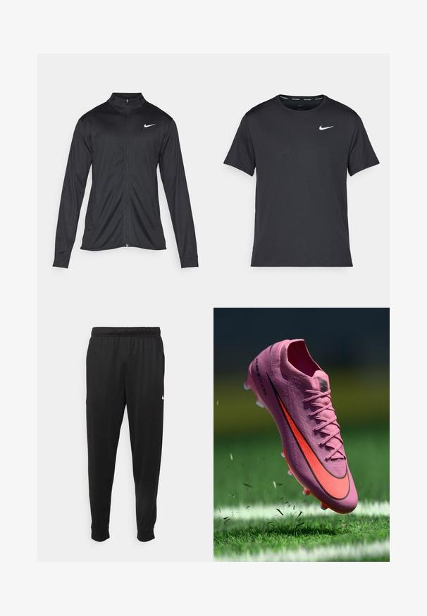 Črna atletska jakna z dolgimi rokavi, ovratnikom in polnim zadrgo. Vključuje diskreten bel Nike logotip na zgornjem levem delu prsnega koša. Gladka tekstura.; Črna tekaška majica Nike, izdelana iz lahkega in zračnega materiala, z kratkimi rokavi in majhnim belim logotipom na prsih.; Črne športne hlače iz gladkega materiala, z elastičnim pasom, zoženimi hlačnicami in majhnim belim logotipom na levi strani.; Roza nogometna kopačka z rdečim in črnim Nike znakom nad zelenim travnatim igriščem s belimi črtami, s travnatimi bilkami, ki letijo okoli čevlja.
