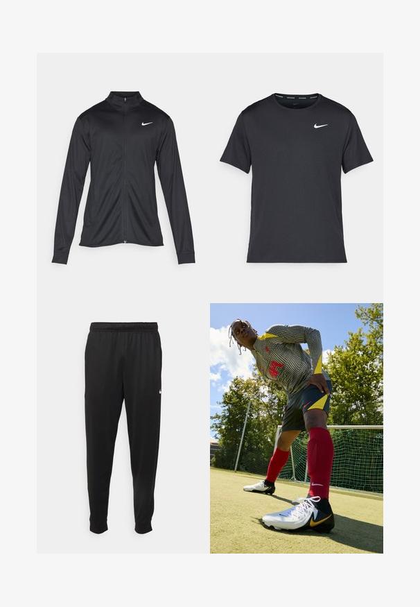 Juodas sportinis švarkas su ilgomis rankovėmis, apykakle ir pilnu užtrauktuku. Yra subtilus baltas Nike logotipas kairėje krūtinės pusėje. Lygus tekstūra.; Juodas Nike bėgimo marškinėlis, pagamintas iš lengvos, kvėpuojančios medžiagos, turintis trumpas rankoves ir mažą baltą logotipą ant krūtinės.; Juodi sportiniai kelnės, pagamintos iš lygaus audinio, turinčios elastinę juosmenį, siaurėjantys sijonai ir mažas baltas logotipas kairėje pusėje.; Nike futbolo marškinėliai su juodais ir baltais raštais, geltonomis detalėmis, derinami su tamsiomis šortais ir raudonomis kojinėmis. Turi baltus ir juodus sportinius batelius su auksiniu swoosh.