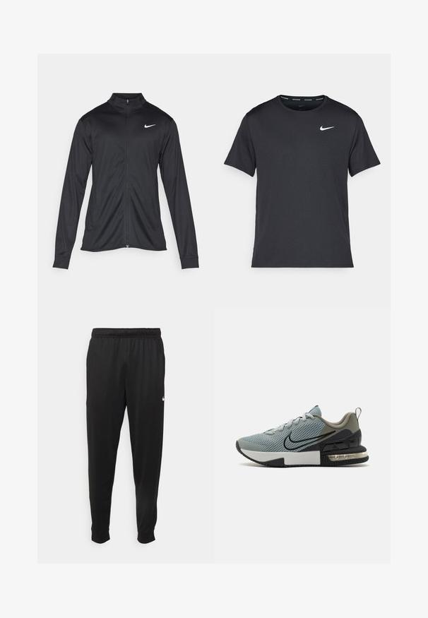 Črna atletska jakna z dolgimi rokavi, ovratnikom in polnim zadrgo. Vključuje diskreten bel Nike logotip na zgornjem levem delu prsnega koša. Gladka tekstura.; Črna tekaška majica Nike, izdelana iz lahkega in zračnega materiala, z kratkimi rokavi in majhnim belim logotipom na prsih.; Črne športne hlače iz gladkega materiala, z elastičnim pasom, zoženimi hlačnicami in majhnim belim logotipom na levi strani.; Mrežasti atletski čevelj v svetlo modri barvi z črnimi poudarki, teksturirano zgornje, okrogla kapica, vezalke in zračno blazinico v peti. Gumijast podplat.