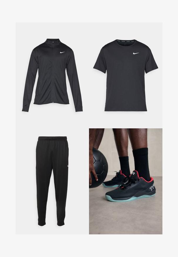Černá sportovní bunda s dlouhými rukávy, límcem a plným zipem. Má decentní bílou logo značky Nike na horní levé části hrudi. Hladká textura.; Černé běžecké tričko Nike vyrobené z lehkého a prodyšného materiálu, s krátkými rukávy a malým bílým logem na hrudi.; Černé sportovní kalhoty vyrobené z hladké tkaniny, s elastickým pasem, zúženými nohavicemi a malým bílým logem na levé straně.; Černé sportovní boty s červenými akcenty, síťovaným svrškem, šněrovacím designem a světle modrou průhlednou podešví, vedle černého míče.