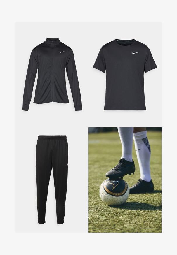 Fekete sportdzseki hosszú ujjal, gallérral és teljes cipzárral. Diszkrét fehér Nike logóval az upper bal mellen. Sima textúra.; Fekete Nike futó póló, könnyű, légáteresztő anyagból készült, rövid ujjú, és a mellkasán egy kicsi fehér logó található.; Fekete sportos nadrág sima anyagból, rugalmas derékkal, szűkülő lábakkal és egy kis fehér logóval a bal oldalon.; Fekete focicipő egy fehér és fekete mintázatú focilabdán, zöld fűre helyezve. A cipő texturált anyaggal és fűzős megoldással rendelkezik.