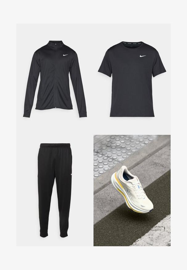Fekete sportdzseki hosszú ujjal, gallérral és teljes cipzárral. Diszkrét fehér Nike logóval az upper bal mellen. Sima textúra.; Fekete Nike futó póló, könnyű, légáteresztő anyagból készült, rövid ujjú, és a mellkasán egy kicsi fehér logó található.; Fekete sportos nadrág sima anyagból, rugalmas derékkal, szűkülő lábakkal és egy kis fehér logóval a bal oldalon.; Fehér és sárga HOKA sneaker egy textúrázott járdán és útpadkán lebeg egy gyalogátkelőhely közelében.