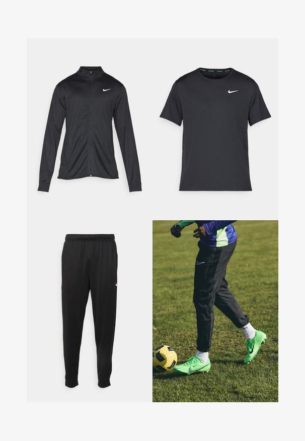 Sort atletisk jakke med lange ærmer, krave og fuld lynlås. Har et diskret Nike-logo i hvidt på den øverste venstre side af brystet. Glat tekstur.; Sort Nike løbe T-shirt lavet af let, åndbart materiale, med korte ærmer og et lille hvidt logo på brystet.; Sorte atletiske bukser lavet af glat stof, med elastisk talje, smalnende ben og et lille hvidt logo på venstre side.; Nike grønne fodboldstøvler på græs med en sort træningsdragt og hvide sokker. En gul og sort fodbold i nærheden. Fokus på afslappet sportsbeklædning.