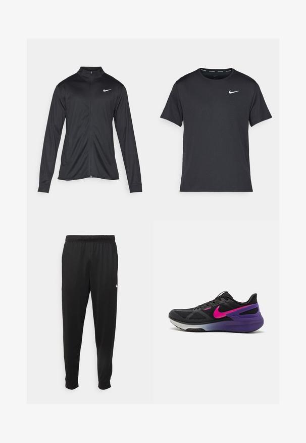 Veste de sport noire à manches longues, avec col et fermeture éclair intégrale. Présente un logo Nike subtil en blanc sur le côté supérieur gauche de la poitrine. Texture lisse.; T-shirt de course noir Nike en matériau léger et respirant, avec des manches courtes et un petit logo blanc sur la poitrine.; Pantalon de sport noir en tissu lisse, avec une taille élastique, des jambes fuselées et un petit logo blanc sur le côté gauche.; Baskets de sport noires avec un dessus en maille texturée, un logo Nike rose, des accents violets au niveau du talon et une semelle en caoutchouc grise.