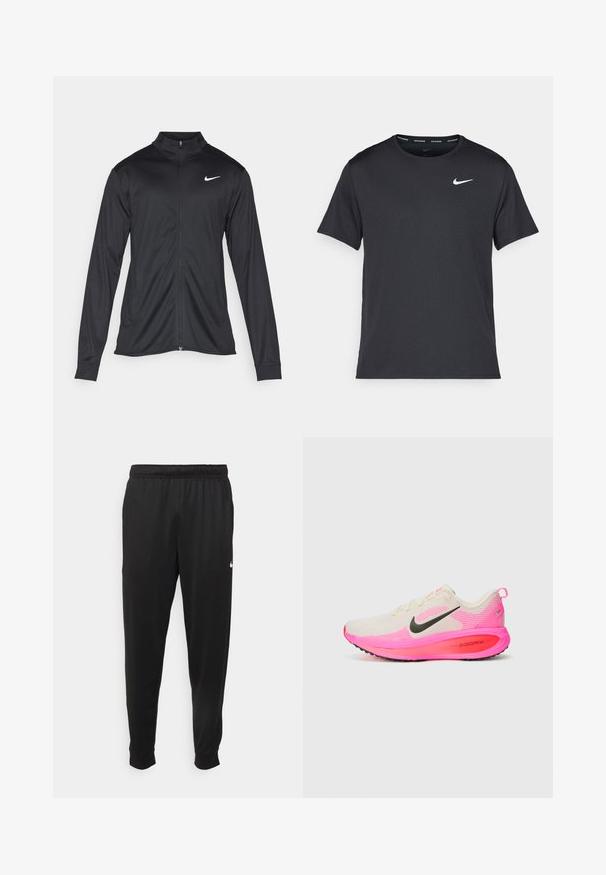 Czarna sportowa kurtka z długimi rękawami, kołnierzem i pełnym zamkiem. Posiada subtelne logo Nike w białym kolorze na lewej górnej części klatki piersiowej. Gładka tekstura.; Czarna koszulka do biegania Nike z lekkiego, oddychającego materiału, z krótkimi rękawami i małym białym logo na piersi.; Czarne sportowe spodnie wykonane z gładkiego materiału, z elastycznym pasem, zwężanymi nogawkami i małym białym logo po lewej stronie.; Buty do biegania z kremową cholewką, czarnym logo Swoosh, różowymi akcentami oraz jasnoróżową podeszwą z oznaczeniem "zoomx". Wykonane z lekkiego materiału siatkowego.