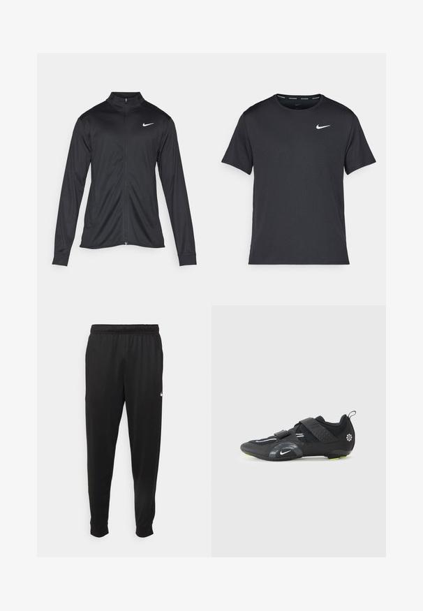 Svart idrottsjacka med långa ärmar, krage och full dragkedja. Har en diskret Nike-logga i vitt på övre vänstra bröstet. Slät yta.; Svart Nike löpeshirt i lätt, andningsbart material, med korta ärmar och en liten vit logotyp på bröstet.; Svarta träningsbyxor i slät tyg, med elastisk midja, avsmalnande ben och en liten vit logotyp på vänster sida.; Svart träningsskor med mesh-övre, två justerbara kardborreband, reflekterande accenter och gröna detaljer på yttersulan för bättre grepp.
