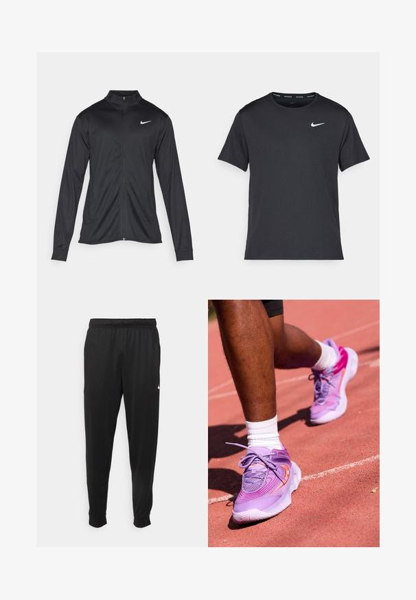 Černá sportovní bunda s dlouhými rukávy, límcem a plným zipem. Má decentní bílou logo značky Nike na horní levé části hrudi. Hladká textura.; Černé běžecké tričko Nike vyrobené z lehkého a prodyšného materiálu, s krátkými rukávy a malým bílým logem na hrudi.; Černé sportovní kalhoty vyrobené z hladké tkaniny, s elastickým pasem, zúženými nohavicemi a malým bílým logem na levé straně.; Nike Performance GIANNIS IMMORTALITY 4 - Basketbalové boty - black raspberry/aster pink/hot punch
