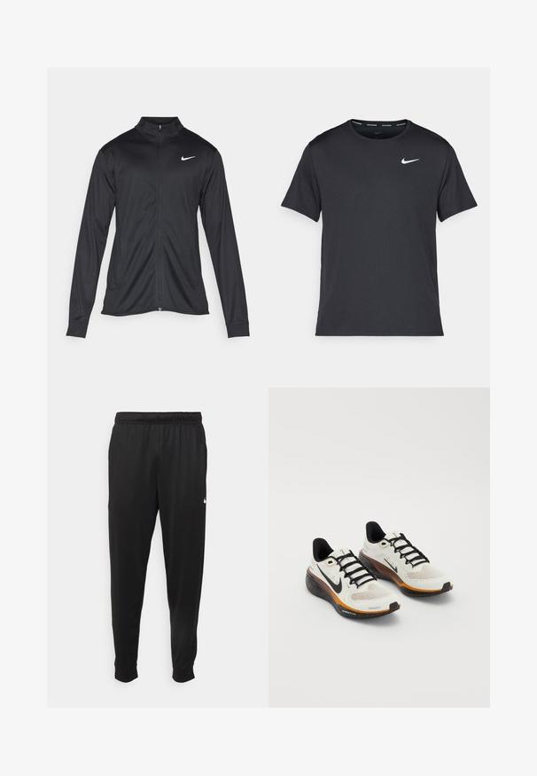 Veste de sport noire à manches longues, avec col et fermeture éclair intégrale. Présente un logo Nike subtil en blanc sur le côté supérieur gauche de la poitrine. Texture lisse.; T-shirt de course noir Nike en matériau léger et respirant, avec des manches courtes et un petit logo blanc sur la poitrine.; Pantalon de sport noir en tissu lisse, avec une taille élastique, des jambes fuselées et un petit logo blanc sur le côté gauche.; Baskets de course Nike avec une tige en mesh blanc, des lacets noirs, une semelle orange et noire avec des détails mouchetés, et un design respirant.