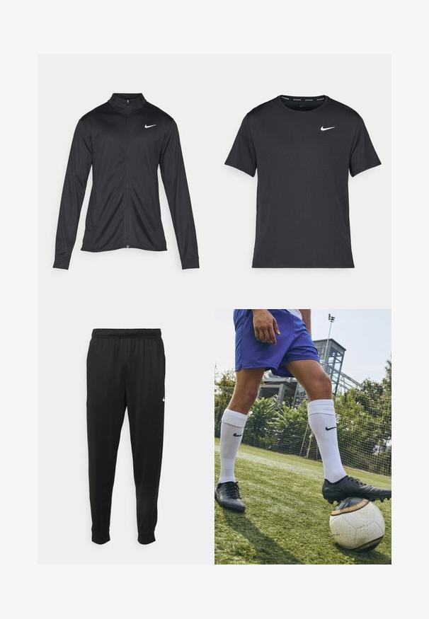 Giacca sportiva nera con maniche lunghe, colletto e zip completa. Presenta un logo Nike in bianco sulla parte superiore del lato sinistro del petto. Tessuto morbido.; Maglietta da corsa Nike nera realizzata in materiale leggero e traspirante, con maniche corte e un piccolo logo bianco sul petto.; Pantaloni sportivi neri realizzati in tessuto liscio, con una vita elastica, gambe affusolate e un piccolo logo bianco sul lato sinistro.; Scarpini da calcio neri Nike poggiati su una classica palla bianca con dettagli neri, indossati con pantaloni corti blu e calze bianche fino al ginocchio su erba.