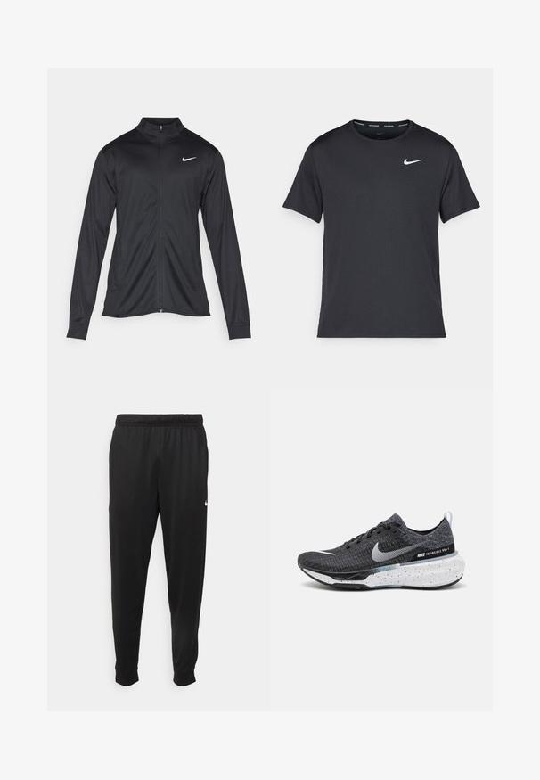 Sort atletisk jakke med lange ærmer, krave og fuld lynlås. Har et diskret Nike-logo i hvidt på den øverste venstre side af brystet. Glat tekstur.; Sort Nike løbe T-shirt lavet af let, åndbart materiale, med korte ærmer og et lille hvidt logo på brystet.; Sorte atletiske bukser lavet af glat stof, med elastisk talje, smalnende ben og et lille hvidt logo på venstre side.; Nike Invincible Run 3 har en sort strikket overdel, hvidt logo, plettet hvid sål og en polstret form designet til komfort.