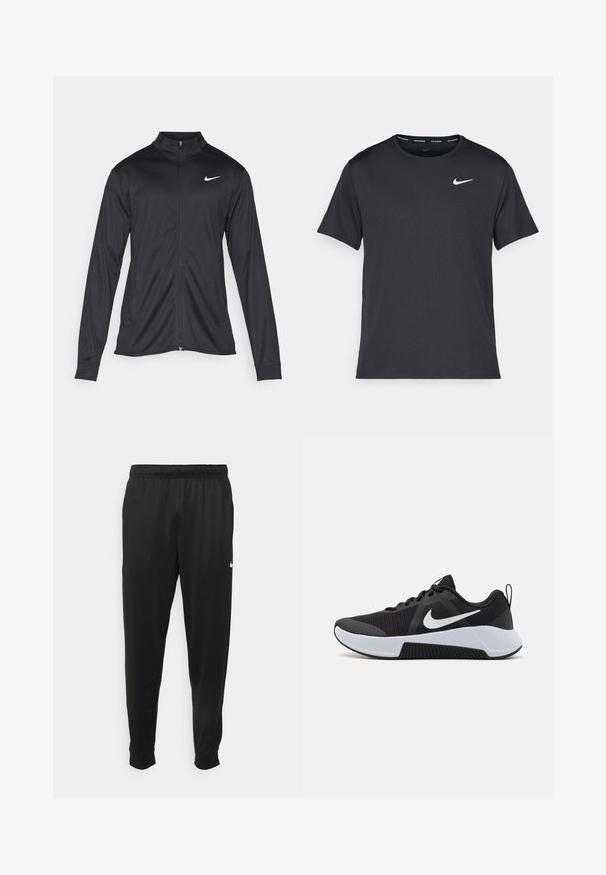 Jachetă sportivă neagră cu mâneci lungi, guler și fermoar complet. Prezintă un logo Nike subtil, alb, pe pieptul din stânga sus. Textură netedă.; Tricou de alergare Nike negru, fabricat dintr-un material ușor și respirabil, cu mâneci scurte și un mic logo alb pe piept.; Pantaloni sportivi negri dintr-o țesătură netedă, cu un elastic la brâu, picioare conice și un mic logo alb pe partea stângă.; Pantofi sport negri cu un superior din plasă texturată, accente albe și un design elegant. Dispune de o talpă din cauciuc și un guler căptușit.