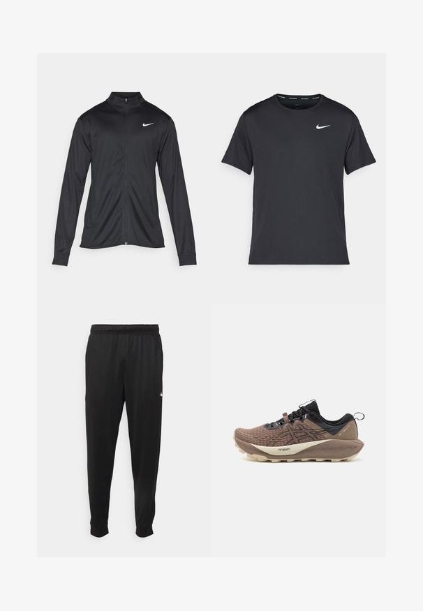 Jacket desportivo preto com mangas longas, colarinho e fecho zip completo. Apresenta um discreto logotipo da Nike em branco na parte superior do lado esquerdo do peito. Textura suave.; T-shirt de corrida Nike preto, feito de material leve e respirável, com mangas curtas e um pequeno logo branco no peito.; Calças de desporto pretas feitas de tecido suave, com uma cintura elástica, pernas ajustadas e um pequeno logo branco no lado esquerdo.; Sapatos de trail running em malha castanha texturizada, com pormenores e atacadores pretos. Apresentam uma sola almofadada em tom de creme e detalhes em padrão.