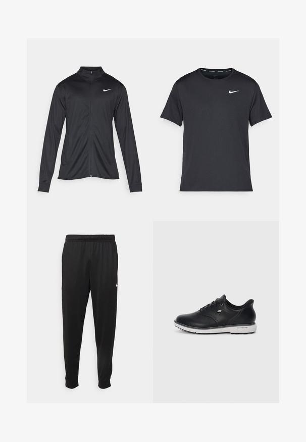 Jacket desportivo preto com mangas longas, colarinho e fecho zip completo. Apresenta um discreto logotipo da Nike em branco na parte superior do lado esquerdo do peito. Textura suave.; T-shirt de corrida Nike preto, feito de material leve e respirável, com mangas curtas e um pequeno logo branco no peito.; Calças de desporto pretas feitas de tecido suave, com uma cintura elástica, pernas ajustadas e um pequeno logo branco no lado esquerdo.; Sapatilha Skechers de couro preto com atacadores, sola branca, logotipo lateral e aderência texturizada na sola, sobre um fundo claro e simples.