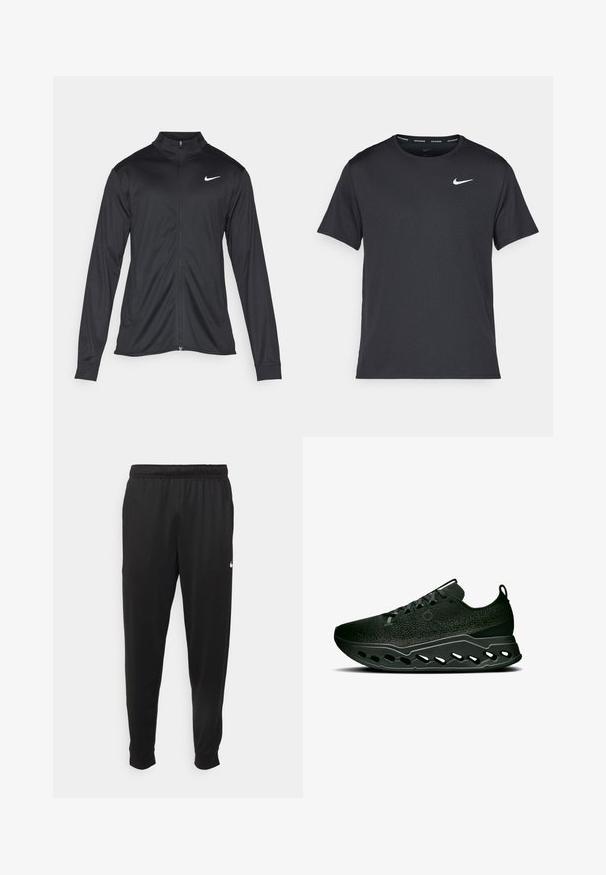 Must värvi sportlik jakk pikkade varrukatega, krae ja täispikk tõmblukk. Ülemises vasakus rinnas on diskreetne valge Nike logo. Sile tekstuur.; Mustamust Nike'i jooksupaita, mis on valmistatud kergest ja hingavast materjalist, lühikeste varrukatega ja mille rinnal on väike valge logo.; Mustad mustekad athletic-püksid sujuvast kangast, elastse vöökoha, kitsenevate jalgade ja väikese valge logoga vasakul küljel.; On CLOUDSURFER MAX - Maanteejooksu jalatsid - black   eclipse