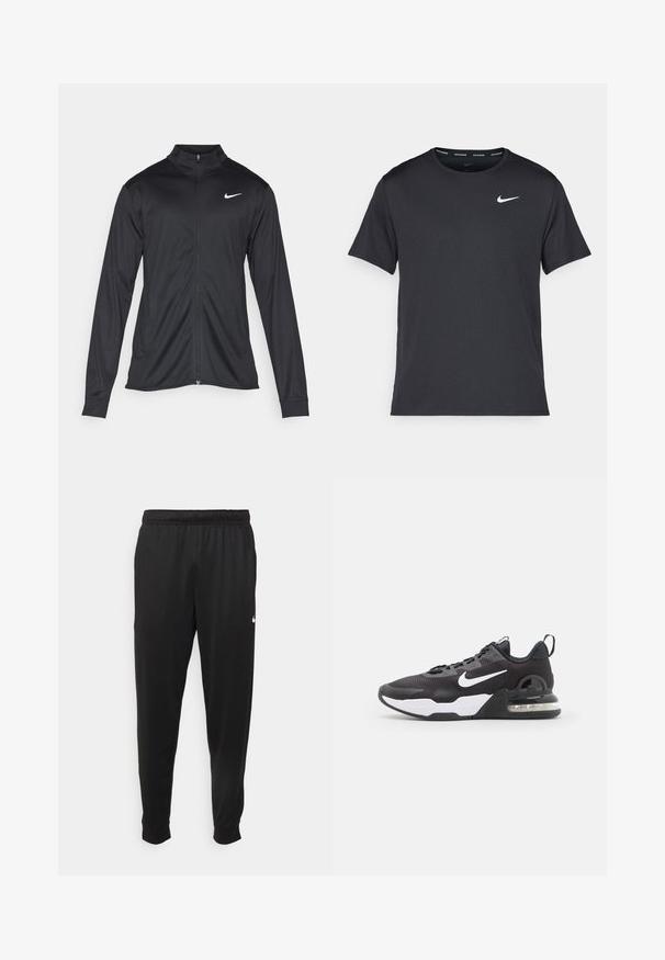 Black athletic jacket with long sleeves, collar, and full zipper. Features a subtle Nike logo in white on the upper left chest. Smooth texture.; Black Nike running T-shirt made of lightweight, breathable material, featuring short sleeves and a small white logo on the chest.; Black athletic pants made of smooth fabric, featuring an elastic waistband, tapered legs, and a small white logo on the left side.; Black athletic shoe with mesh upper, white Nike swoosh, visible air unit in heel, textured rubber outsole, and lacing system.