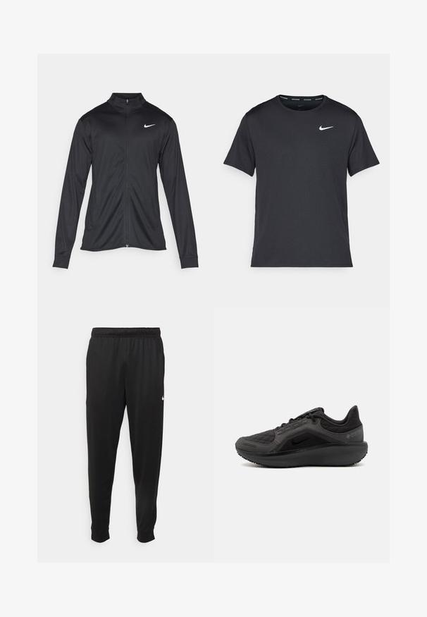 Jachetă sportivă neagră cu mâneci lungi, guler și fermoar complet. Prezintă un logo Nike subtil, alb, pe pieptul din stânga sus. Textură netedă.; Tricou de alergare Nike negru, fabricat dintr-un material ușor și respirabil, cu mâneci scurte și un mic logo alb pe piept.; Pantaloni sportivi negri dintr-o țesătură netedă, cu un elastic la brâu, picioare conice și un mic logo alb pe partea stângă.; Pantof de sport negru cu un superior texturat, matlasat, design elegant și talpă din cauciuc negru. Dispune de un logo vizibil și branding Gore-Tex.