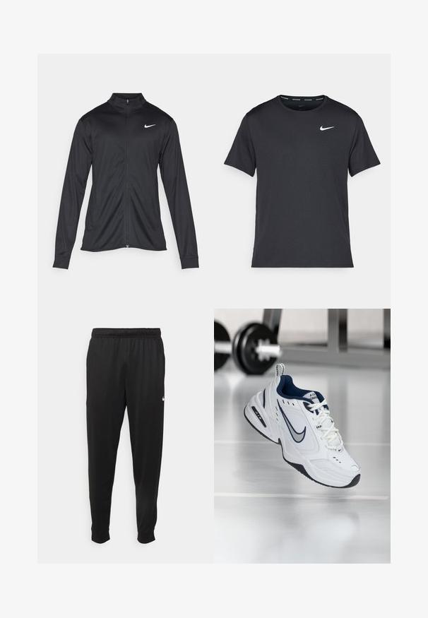 Sort atletisk jakke med lange ærmer, krave og fuld lynlås. Har et diskret Nike-logo i hvidt på den øverste venstre side af brystet. Glat tekstur.; Sort Nike løbe T-shirt lavet af let, åndbart materiale, med korte ærmer og et lille hvidt logo på brystet.; Sorte atletiske bukser lavet af glat stof, med elastisk talje, smalnende ben og et lille hvidt logo på venstre side.; Hvide atletiske sko med navyblå accent, overdel i mesh og læder, forstærket tå og sort gummisål. Har markant Nike-branding.
