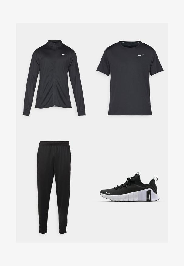 Musta urheilutakki pitkillä hihoilla, kauluksella ja kokonaisella vetoketjulla. Täydentää hienovarainen Nike-logo valkoisena vasemmassa ylärinnassa. Litteä pinta.; Musta Nike juoksupaita, joka on valmistettu kevyestä ja hengittävästä materiaalista. Paidassa on lyhyet hihnat ja pieni valkoinen logo rinnassa.; Mustat urheiluhousut, jotka on valmistettu sileästä kankaasta. Niissä on joustava vyötärö, kapenevat lahkeet ja pieni valkoinen logo vasemmalla puolella.; Musta urheilukenkä, jossa on teksturoitu päällinen, pehmustettu nilkkakappale ja valkoinen välikerros, jossa on uria. Logo näkyy sivulla ja kielessä.