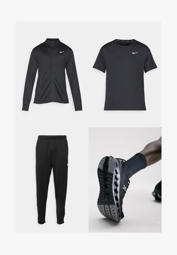 Schwarze Sportjacke mit langen Ärmeln, Kragen und voller Reißverschluss. Verfügt über ein dezentes Nike-Logo in Weiß auf der oberen linken Brust. Glatte Textur.; Schwarzes Nike Lauft-Shirt aus leichtem, atmungsaktivem Material, mit kurzen Ärmeln und einem kleinen weißen Logo auf der Brust.; Schwarze Sporthosen aus glattem Stoff, mit einem elastischen Bund, schmal zulaufenden Beinen und einem kleinen weißen Logo auf der linken Seite.; Schwarzer Sportschuh mit einem strukturierten Obermaterial und einer grauen, gepolsterten Sohle, die Luftpolster sowie ein markantes Profilmuster aufweist.