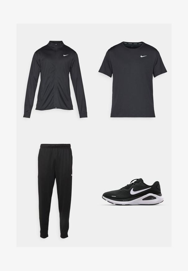 Jachetă sportivă neagră cu mâneci lungi, guler și fermoar complet. Prezintă un logo Nike subtil, alb, pe pieptul din stânga sus. Textură netedă.; Tricou de alergare Nike negru, fabricat dintr-un material ușor și respirabil, cu mâneci scurte și un mic logo alb pe piept.; Pantaloni sportivi negri dintr-o țesătură netedă, cu un elastic la brâu, picioare conice și un mic logo alb pe partea stângă.; Tenisi de alergare Nike cu un superior din plasă neagră, accente albe, talpă cu amortizare și un design aerodinamic pentru confort și susținere.